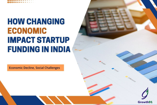 Illustration showing economic policies influencing startup funding in India with investors and founders
